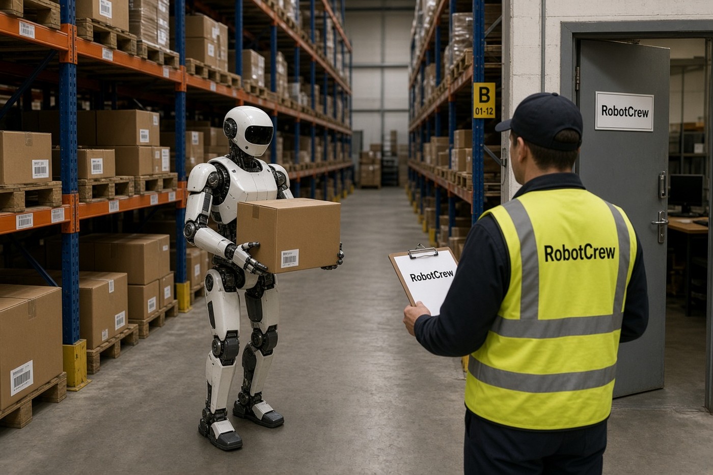 Humanoide de almacén entregando una caja a un operario con chaleco y portapapeles con el texto RobotCrew, y rótulo RobotCrew en la puerta del almacén.