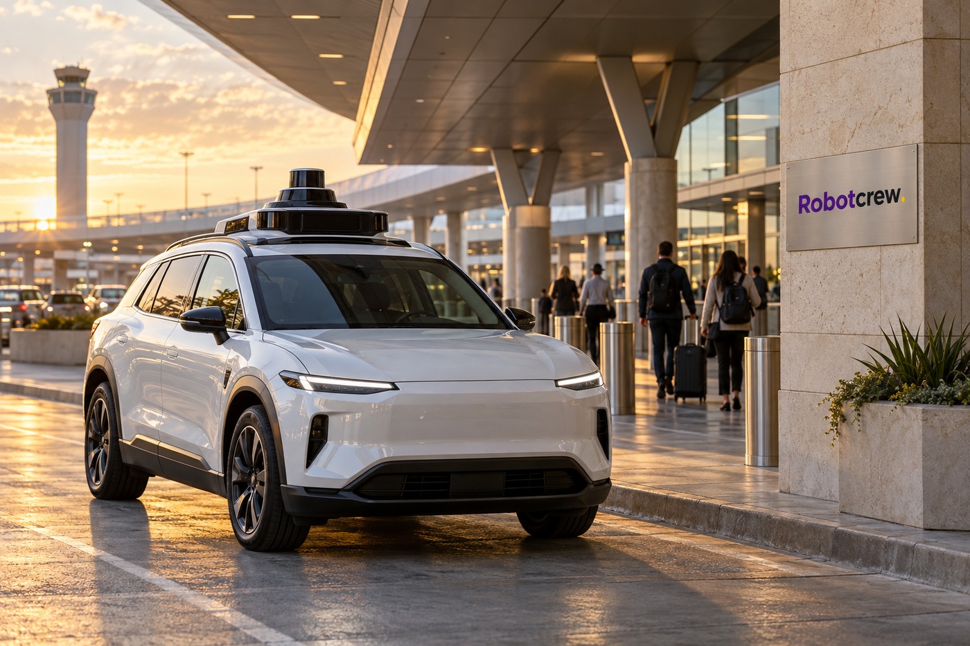 Ilustración editorial de un SUV eléctrico con sensores en el techo, detenido junto a la recogida de un aeropuerto al atardecer; un pilar lleva el distintivo Robotcrew.