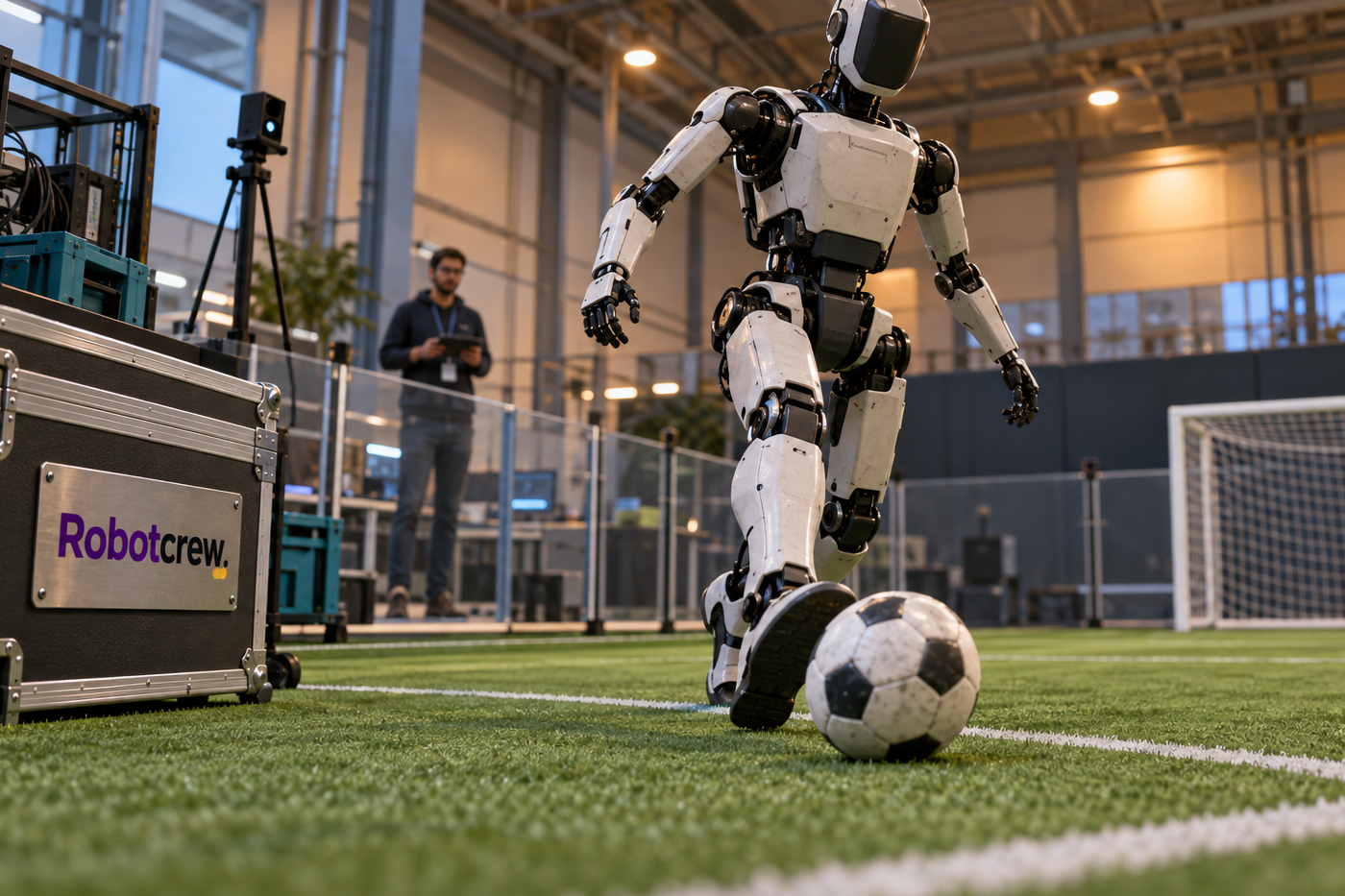 Un humanoide genérico está junto a un balón en un campo de pruebas interior; al fondo hay una portería y un observador tras una barrera, y una caja lateral lleva la placa Robotcrew.