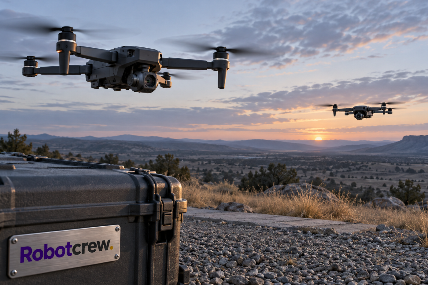 Dos cuadricópteros genéricos vuelan sobre una zona de pruebas de terreno árido al amanecer; un estuche negro en primer plano lleva una placa Robotcrew.
