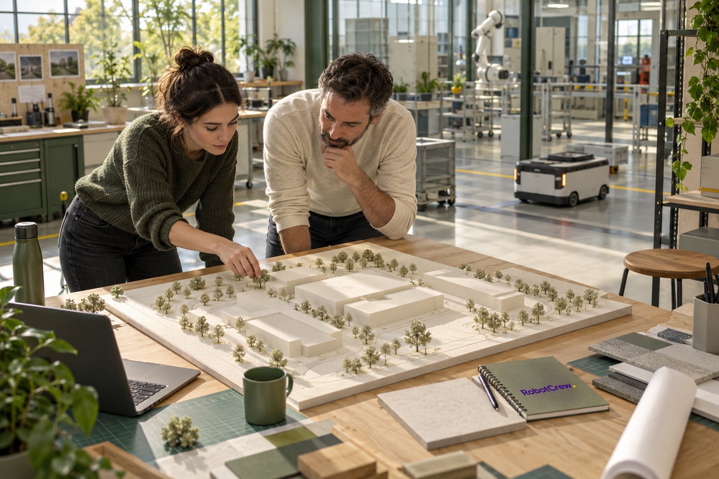 Ilustración editorial de dos profesionales revisando una maqueta arquitectónica en un taller de ingeniería, con un robot móvil al fondo y un cuaderno RobotCrew.