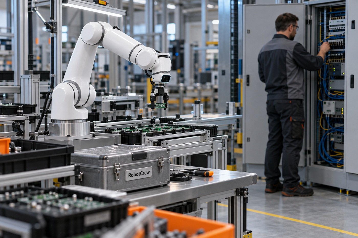 Brazo cobot con cámara integrada en una célula de montaje electrónico, mientras un técnico revisa un armario de red industrial con la marca RobotCrew en una caja de herramientas.