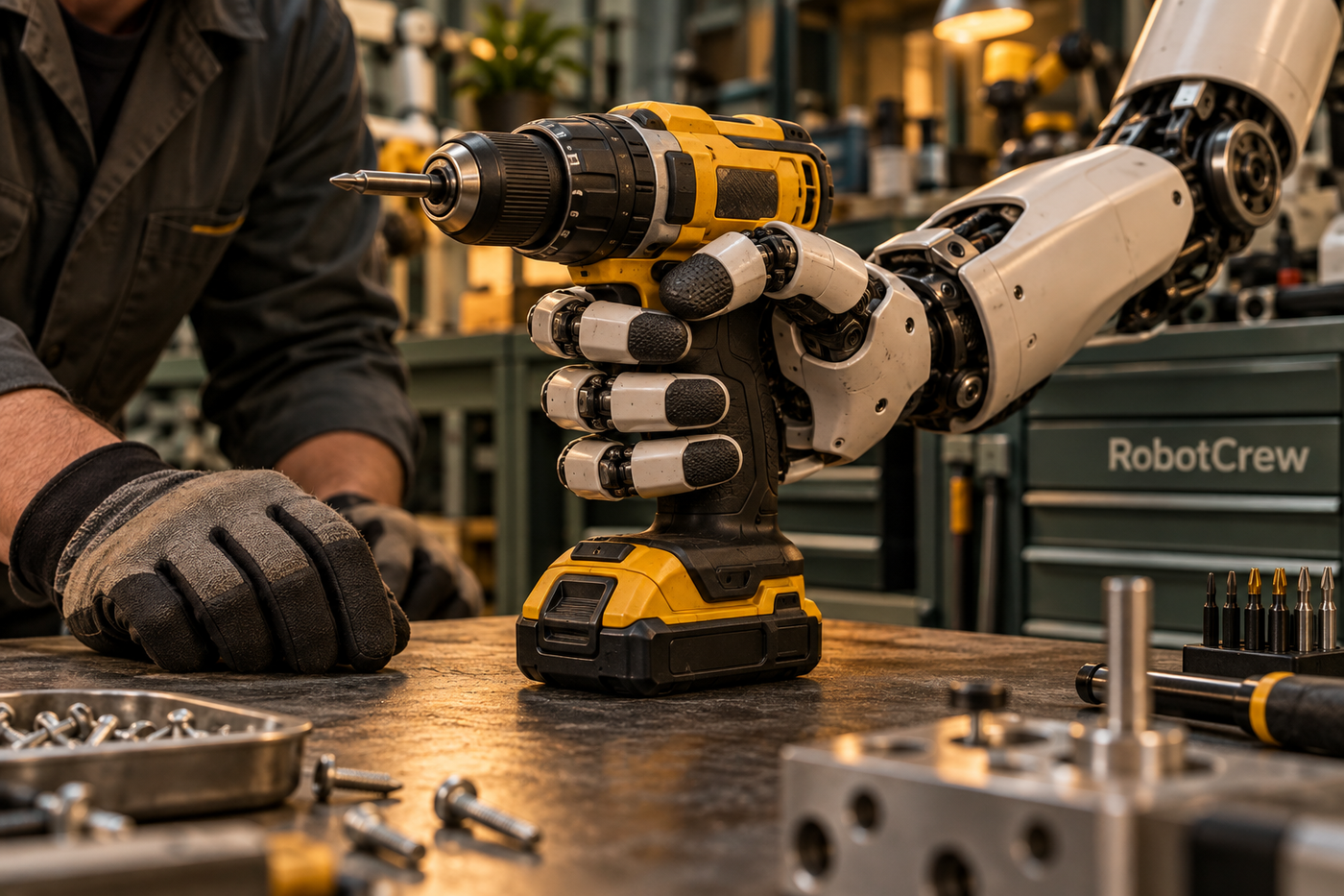 Mano robótica articulada de cuatro dedos sostiene un taladro en un banco de trabajo; un técnico la observa y el armario del laboratorio lleva la marca RobotCrew.