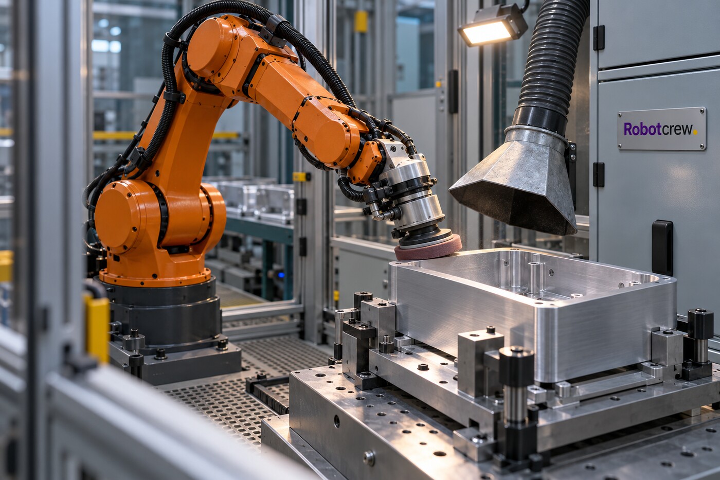 Ilustración editorial de un brazo industrial naranja que lija una carcasa de aluminio dentro de una celda protegida; una placa RobotCrew está fijada al armario de control.