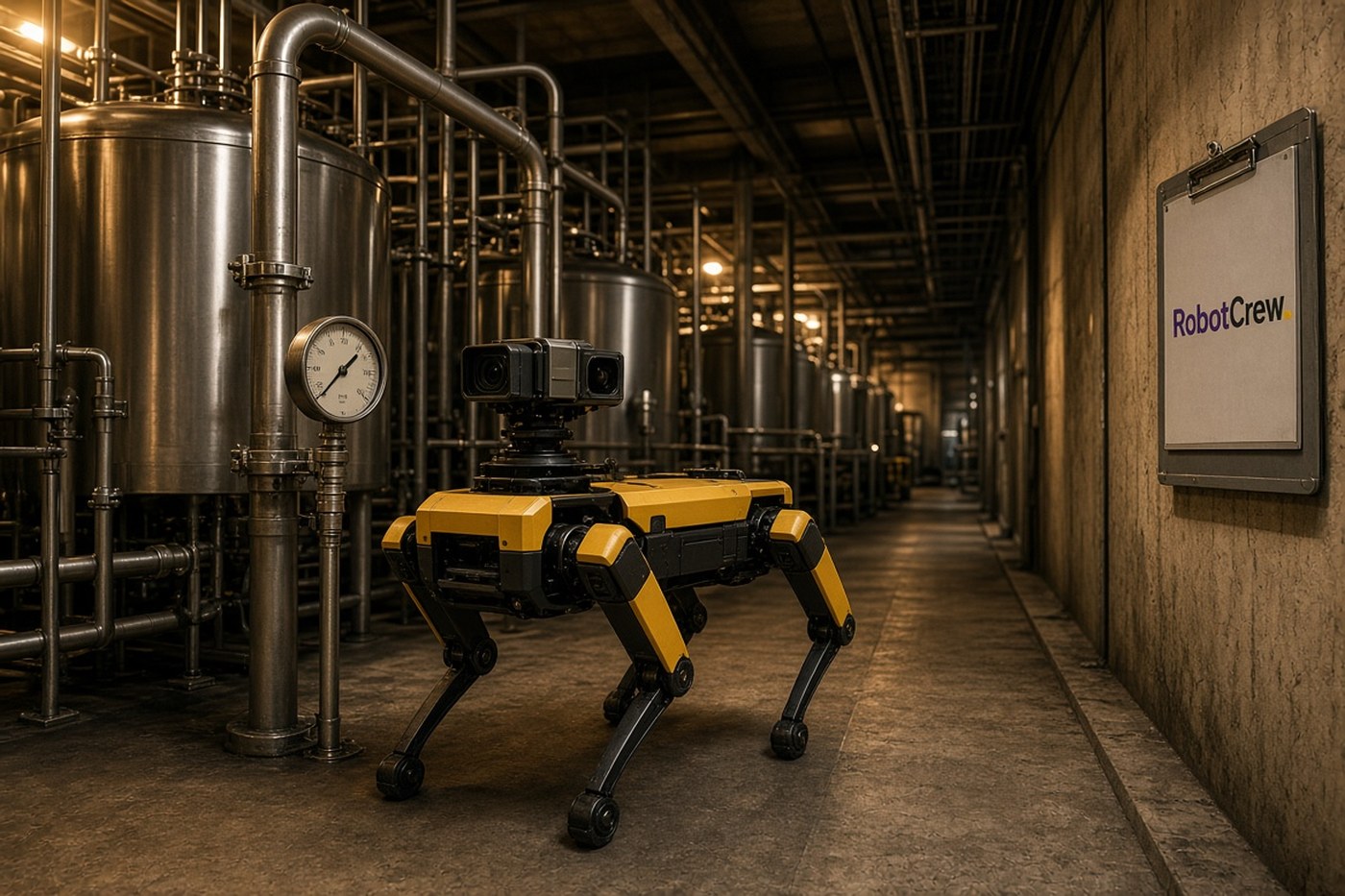 Ilustración de un cuadrúpedo de inspección junto a tanques y un manómetro en una planta; un portapapeles de pared muestra la marca RobotCrew.