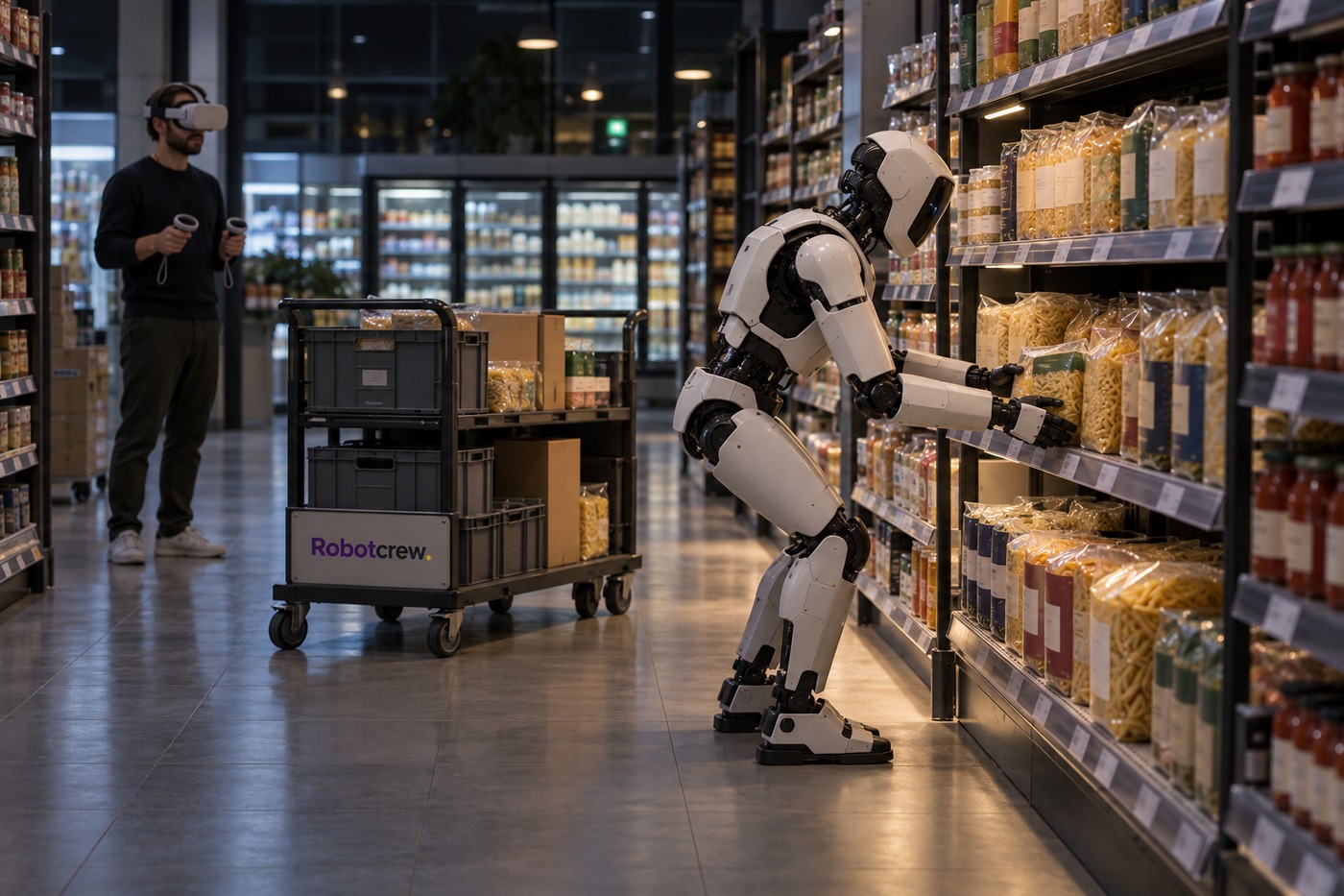 Ilustración editorial de un robot humanoide colocando una bolsa de pasta en un estante de supermercado mientras una persona con visor de realidad virtual lo supervisa; un carro lleva el distintivo Robotcrew.