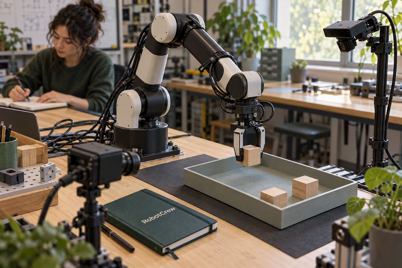 Un brazo robótico de laboratorio coloca un bloque de madera en una bandeja mientras una investigadora toma notas junto a un cuaderno con la marca RobotCrew.