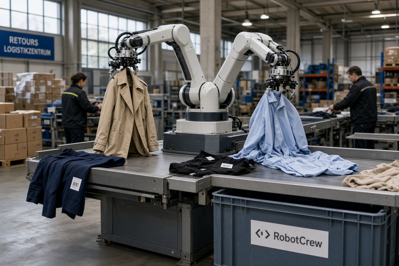 Ilustración de un sistema dual-arm clasificando prendas de moda en un almacén de retornos, con un contenedor etiquetado RobotCrew.