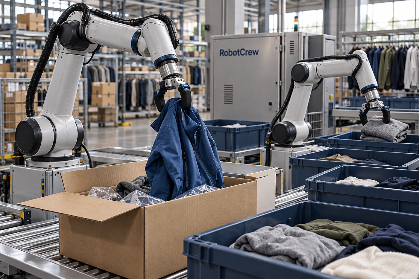 Dos brazos robóticos clasifican prendas devueltas en cajas y contenedores dentro de un almacén, con la marca RobotCrew en un armario metálico.