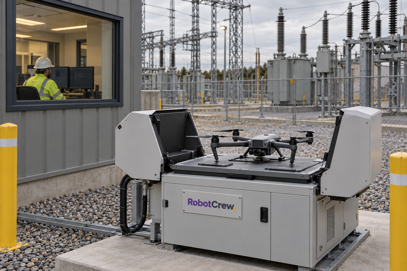 Ilustración editorial de un dron genérico posado en una estación de acoplamiento junto a una subestación eléctrica, con un operador en una sala remota y el rótulo RobotCrew en el gabinete.