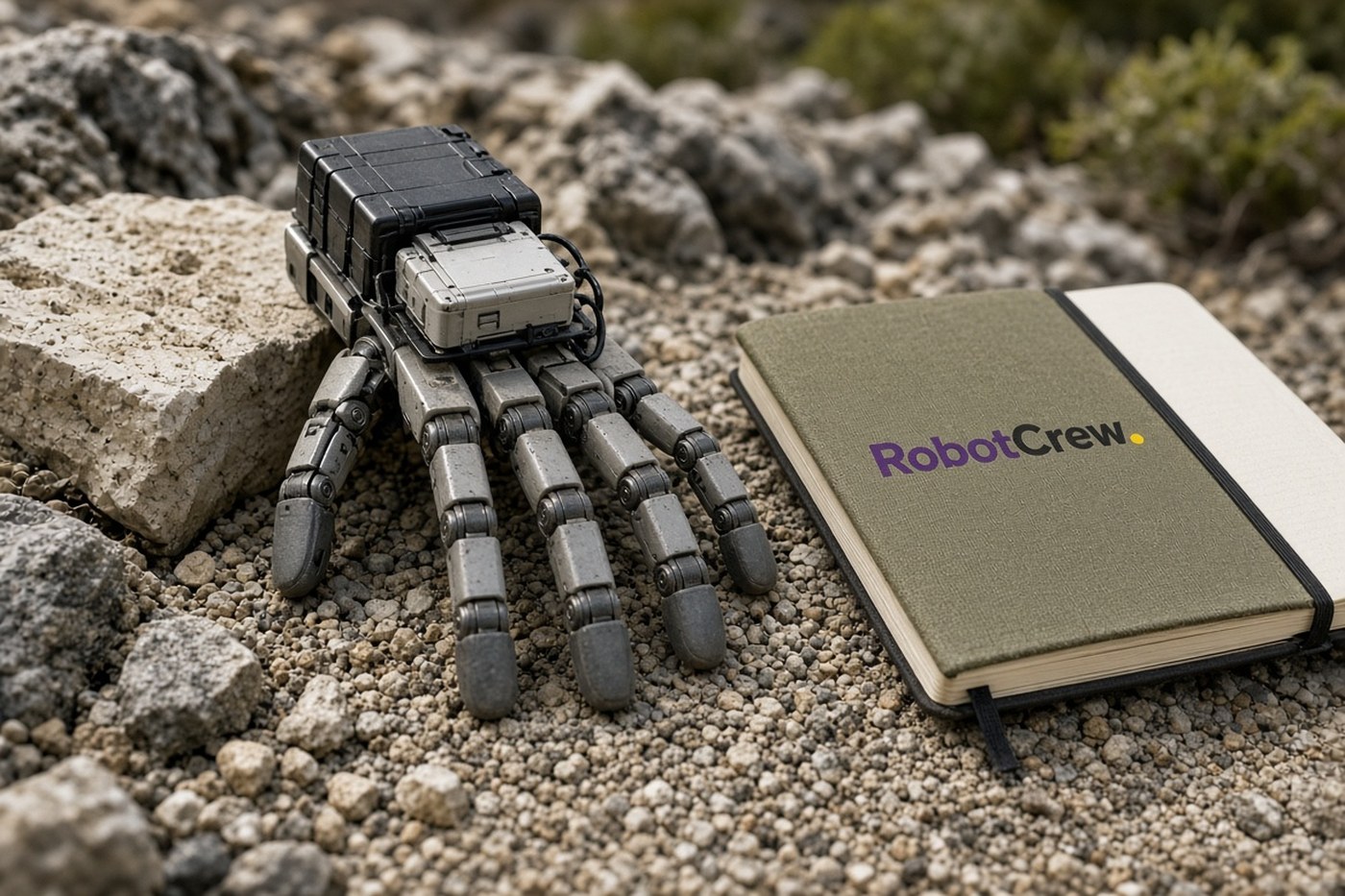 Ilustración de una mano robótica de cinco dedos con una pequeña mochila, apoyada sobre grava junto a un cuaderno con la marca RobotCrew.