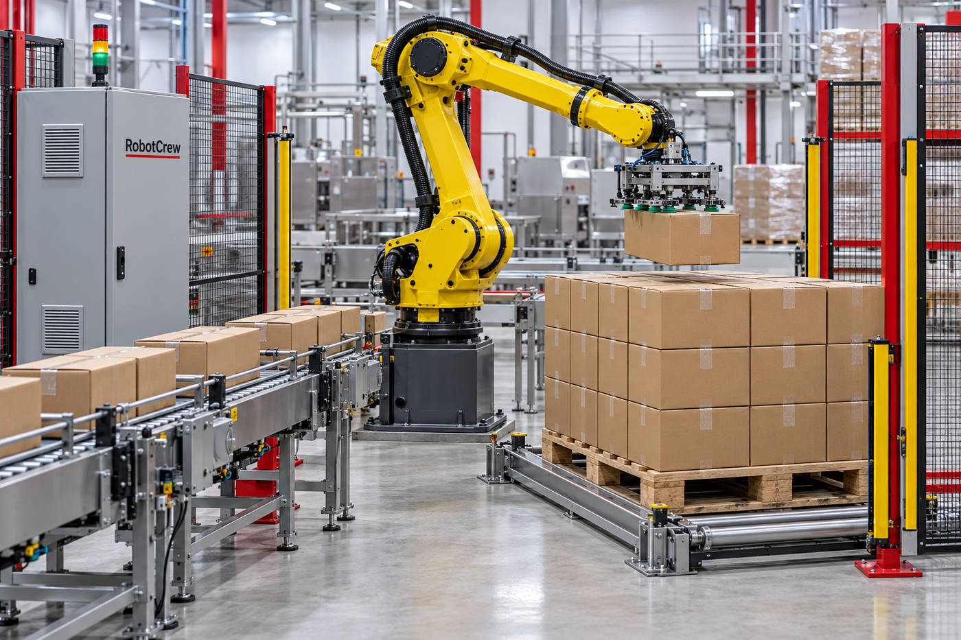 Robot industrial amarillo apila cajas de cartón sobre un palé dentro de una celda vallada, con la marca RobotCrew en un armario de control.