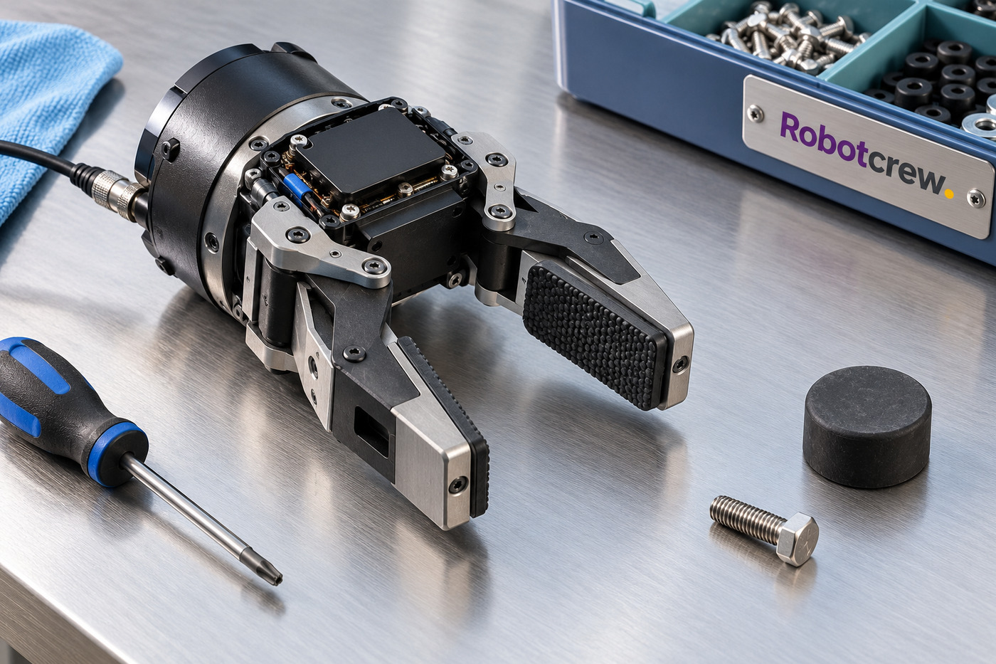 Pinza robótica adaptativa de dos dedos con superficies táctiles abierta sobre una mesa de calibración; cerca hay un bloque de goma, un tornillo y un estuche con placa RobotCrew.