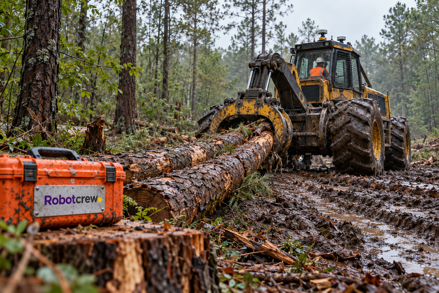 Ilustración de un skidder forestal genérico con sensores en el techo arrastrando troncos por una pista húmeda; un operador es visible en la cabina y un maletín RobotCrew está sobre un tocón.