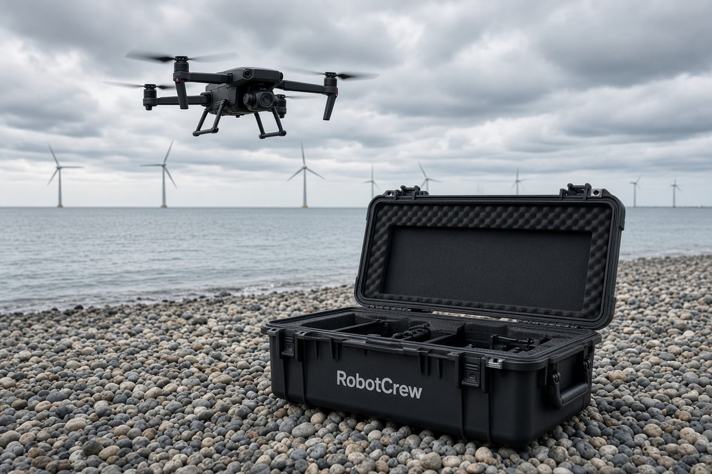 Dron sobrevolando una costa de guijarros hacia aerogeneradores en el mar, con el texto RobotCrew integrado en la caja de equipo abierta en primer plano.
