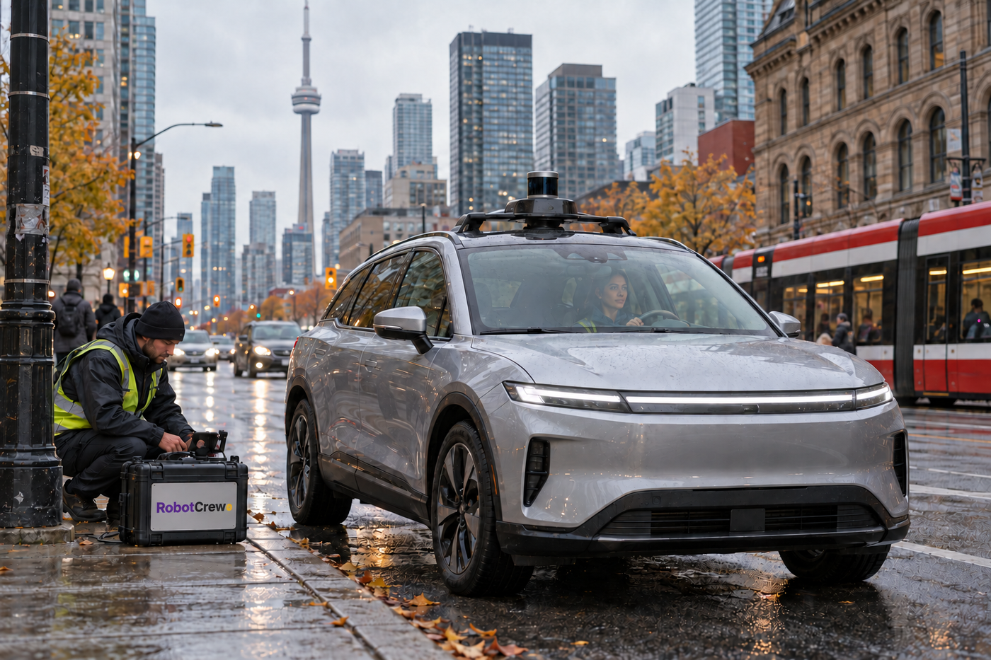 Ilustración editorial de un SUV de pruebas en una calle de Toronto, con una especialista al volante y un técnico junto a un equipo de mapeo con rótulo RobotCrew.