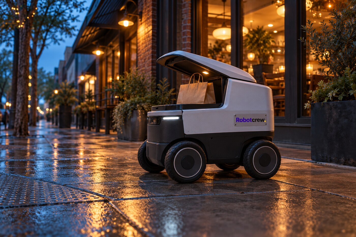 Un robot de reparto de cuatro ruedas con una bolsa de comida bajo la tapa espera en una acera mojada frente a un restaurante iluminado; una placa RobotCrew está fijada a su lateral.