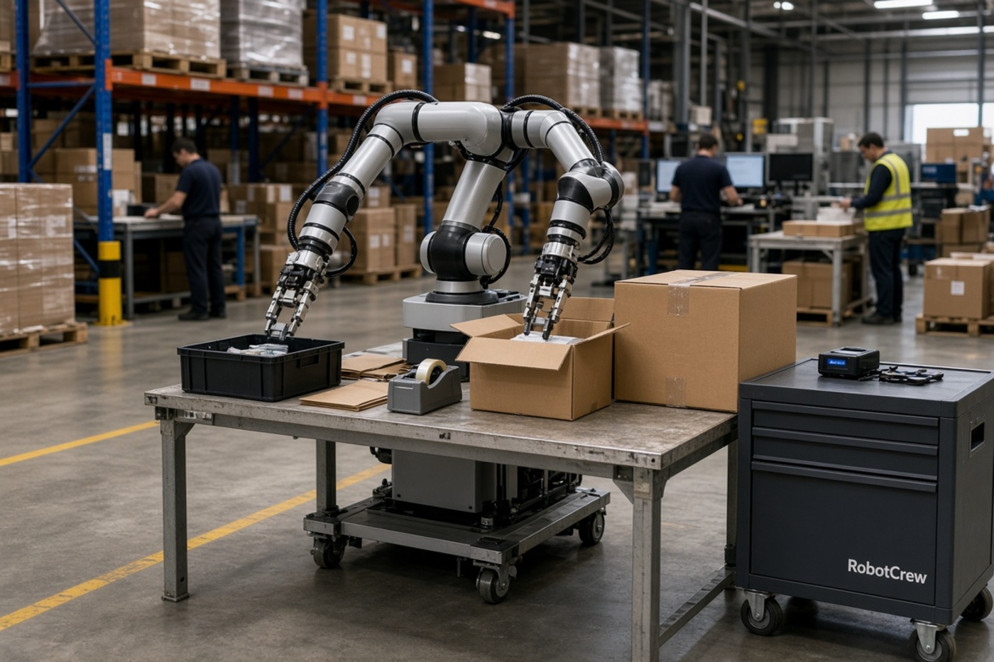 Ilustración de un robot dual-arm estacionario empaquetando cajas en una estación de almacén, con un armario negro etiquetado RobotCrew al lado.