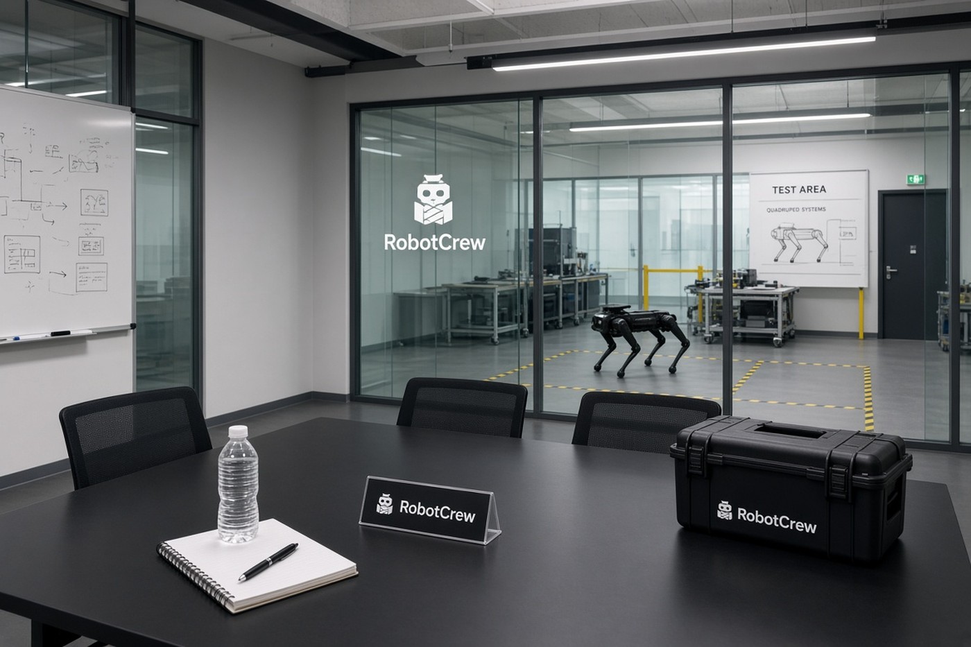 Sala de reuniones en un laboratorio de robótica con un cuadrúpedo visible al otro lado del cristal y el texto RobotCrew integrado en un maletín y en una placa sobre la mesa.