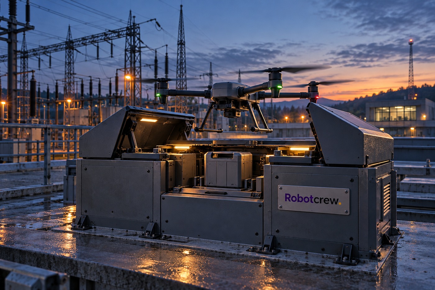 Ilustración editorial de un dron de inspección aproximándose a una estación automatizada abierta junto a una subestación eléctrica al amanecer; el armario lleva el distintivo Robotcrew.