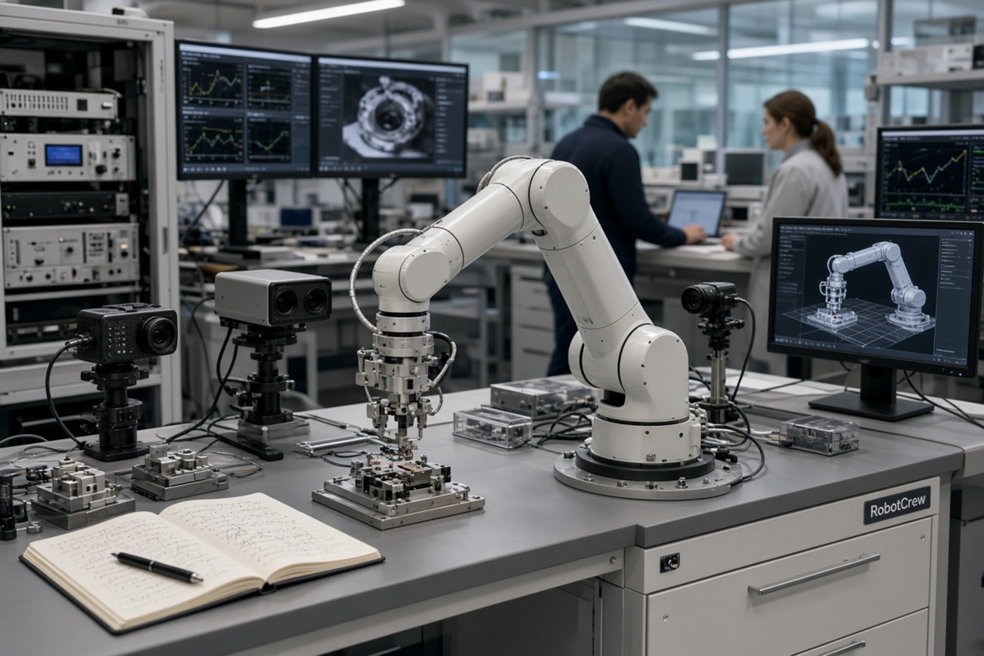 Ilustración de un laboratorio de robótica con un brazo colaborativo realizando una tarea de precisión, sensores y monitores, y un armario con etiqueta RobotCrew.