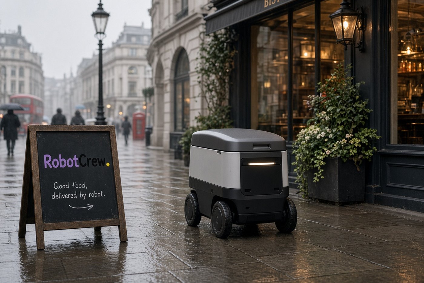 Ilustración de un robot de reparto de acera junto a un restaurante en una calle húmeda, con un caballete que muestra RobotCrew.