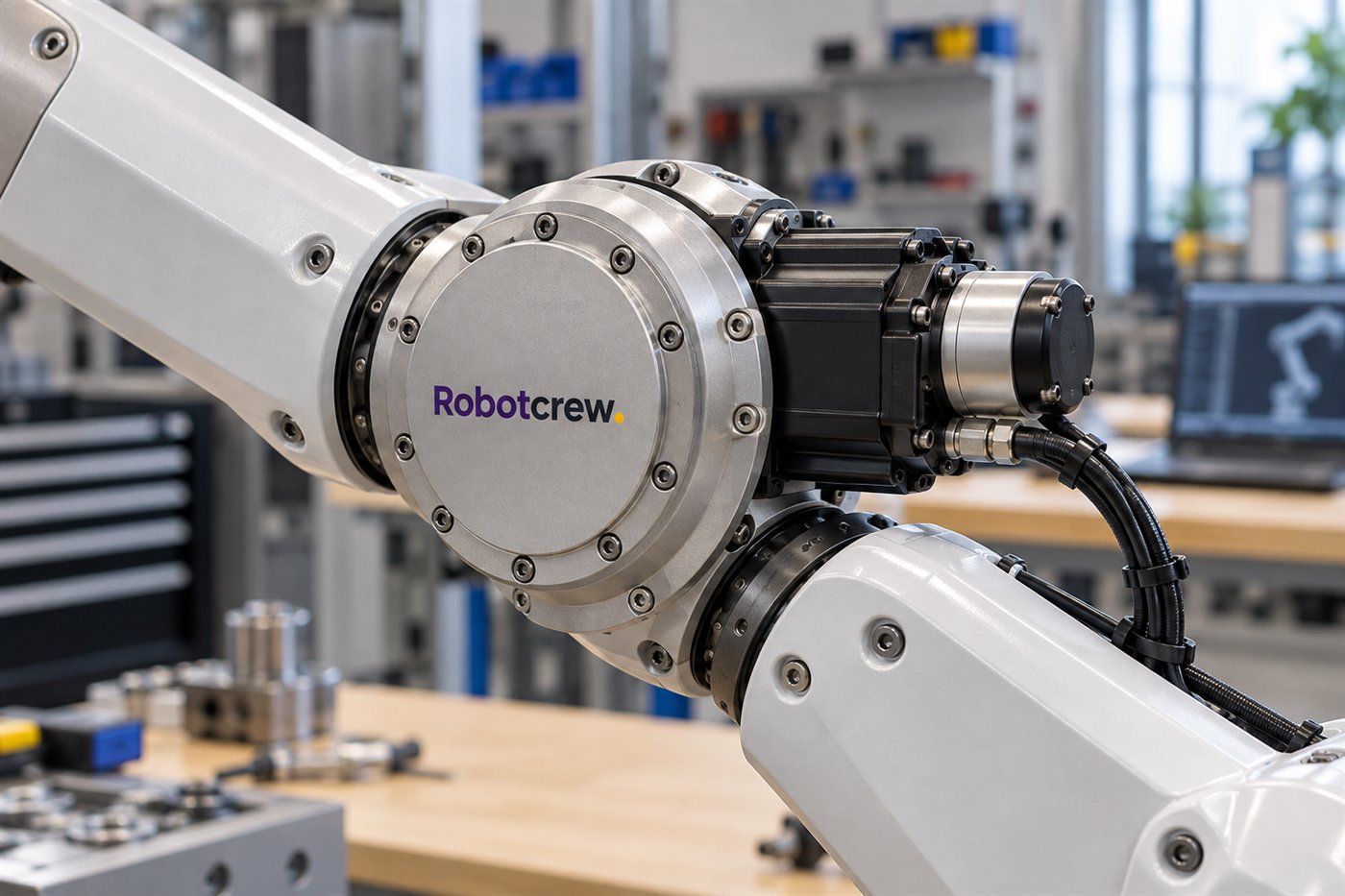 Primer plano de una junta rotativa de brazo robótico con carcasa de reductor, motor y cableado; la marca Robotcrew está impresa en la carcasa.