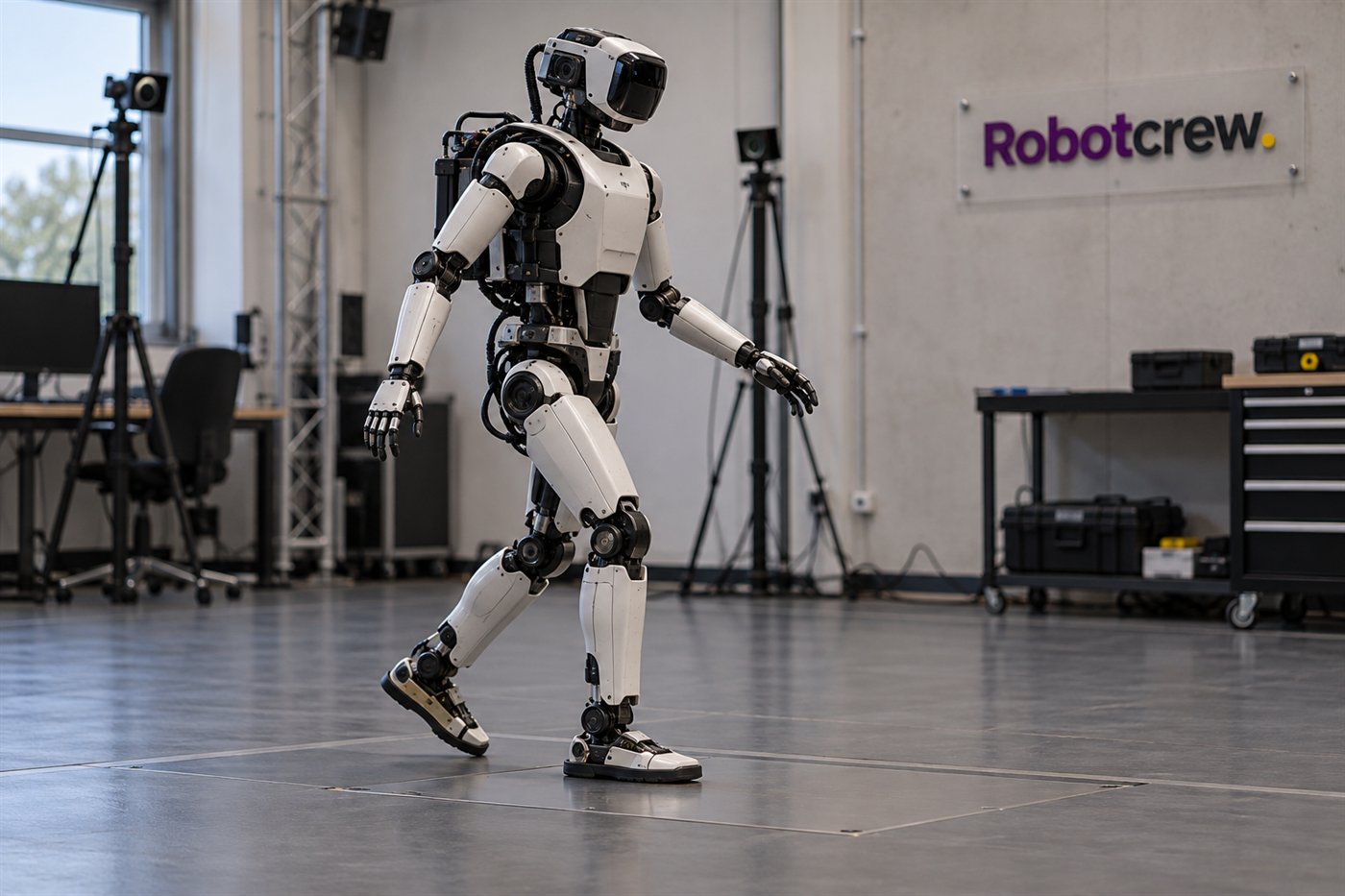 Robot humanoide de investigación da un paso en un laboratorio de marcha; una placa con la marca Robotcrew está montada en la pared.