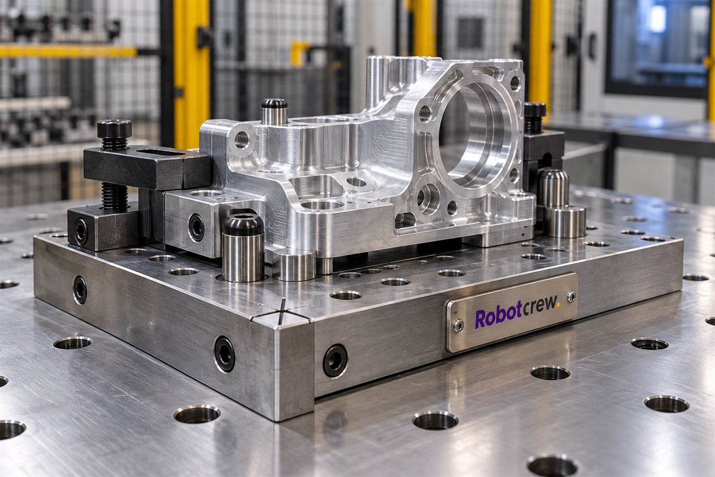 Pieza de aluminio fresada fijada en una plantilla con pasadores y marca de origen grabada; placa Robotcrew en el borde del utillaje.