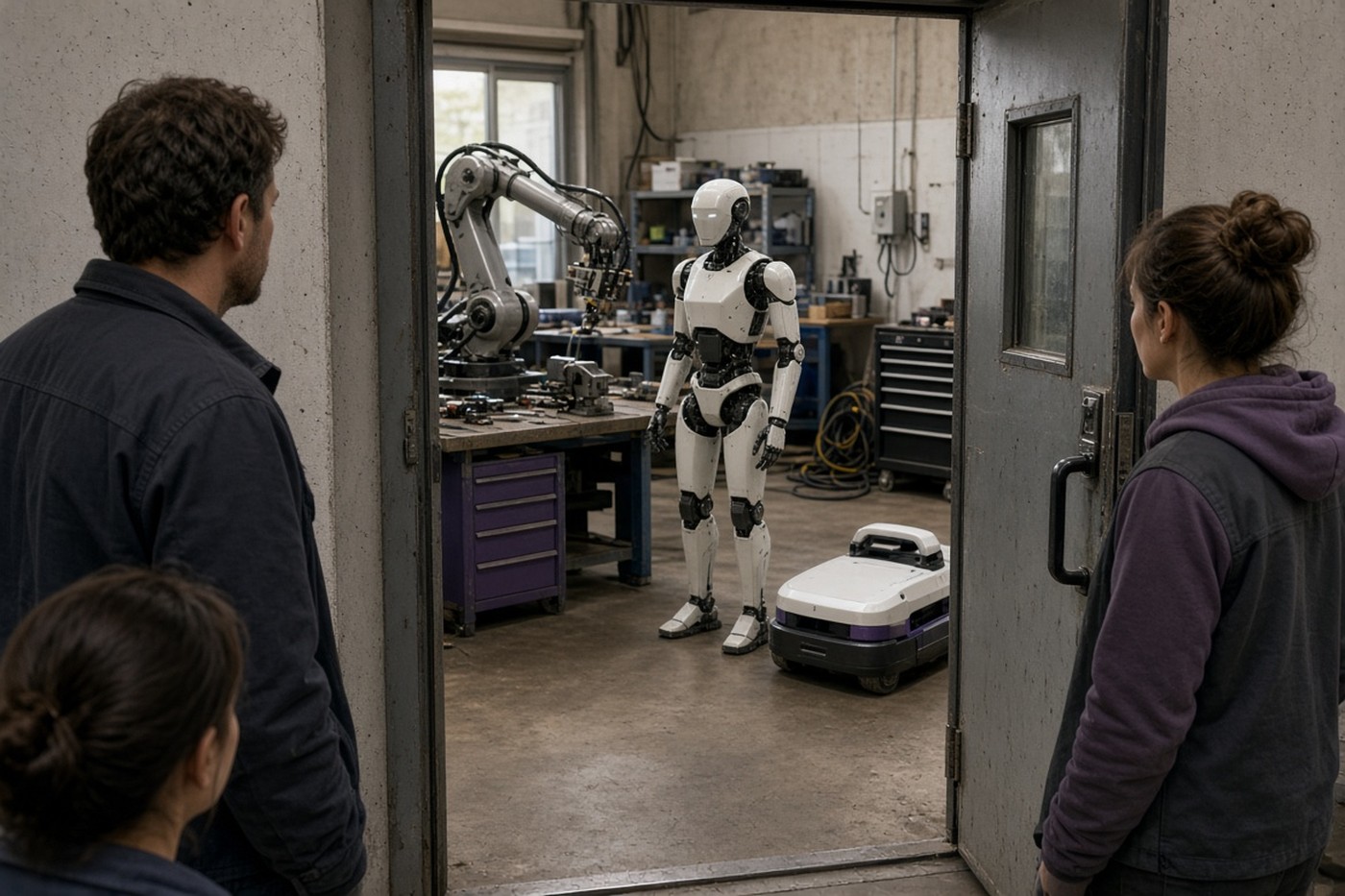 Puerta de taller de robótica abierta que revela un robot humanoide de pie junto a un brazo industrial y un robot móvil, mientras tres personas observan desde el umbral en un entorno de trabajo realista.