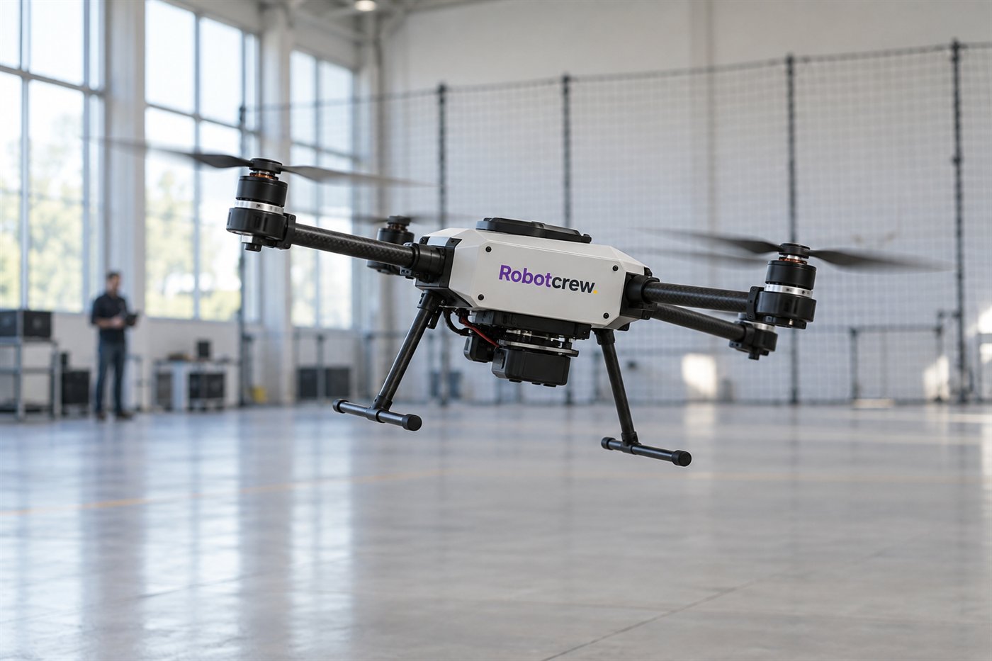 Multirrotor de cuatro motores en vuelo estable dentro de un laboratorio de pruebas; la marca Robotcrew está impresa en un panel central del dron.
