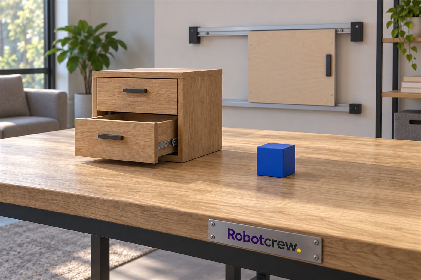 Entorno 3D simulado de manipulación con cajón abierto, bloque azul y panel deslizante; la mesa lleva una placa Robotcrew.