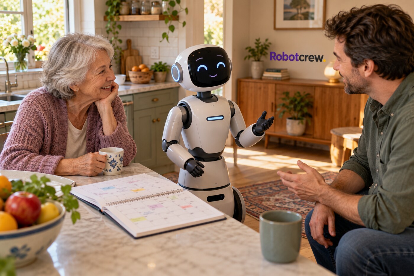 Ilustración conceptual de un robot humanoide doméstico genérico conversando con dos personas en una cocina y un calendario abierto en la mesa; el wordmark RobotCrew aparece integrado en un aparador. No muestra el modelo Mobo.