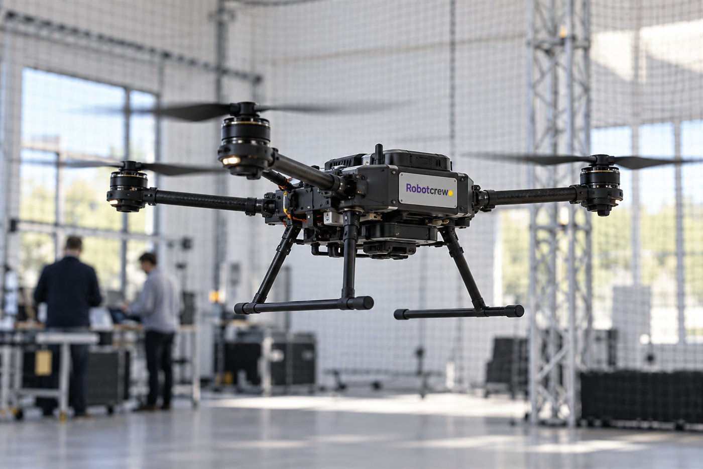 Dron cuadricóptero de cuatro brazos suspendido dentro de un laboratorio con malla de seguridad, con la placa Robotcrew visible en el cuerpo.