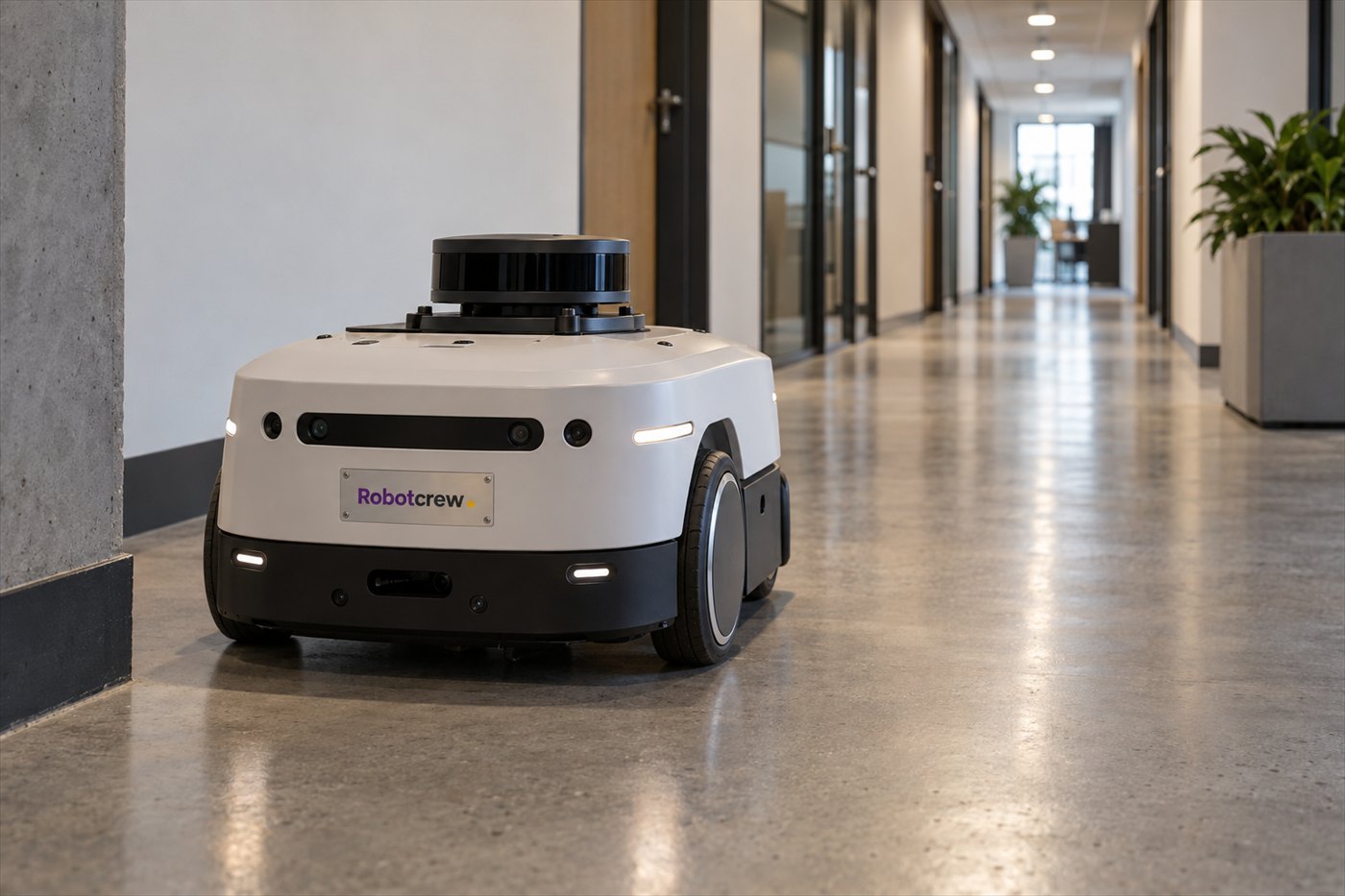 Robot móvil de servicio con lidar 2D recorre un pasillo de oficinas; la carcasa lleva una placa Robotcrew.