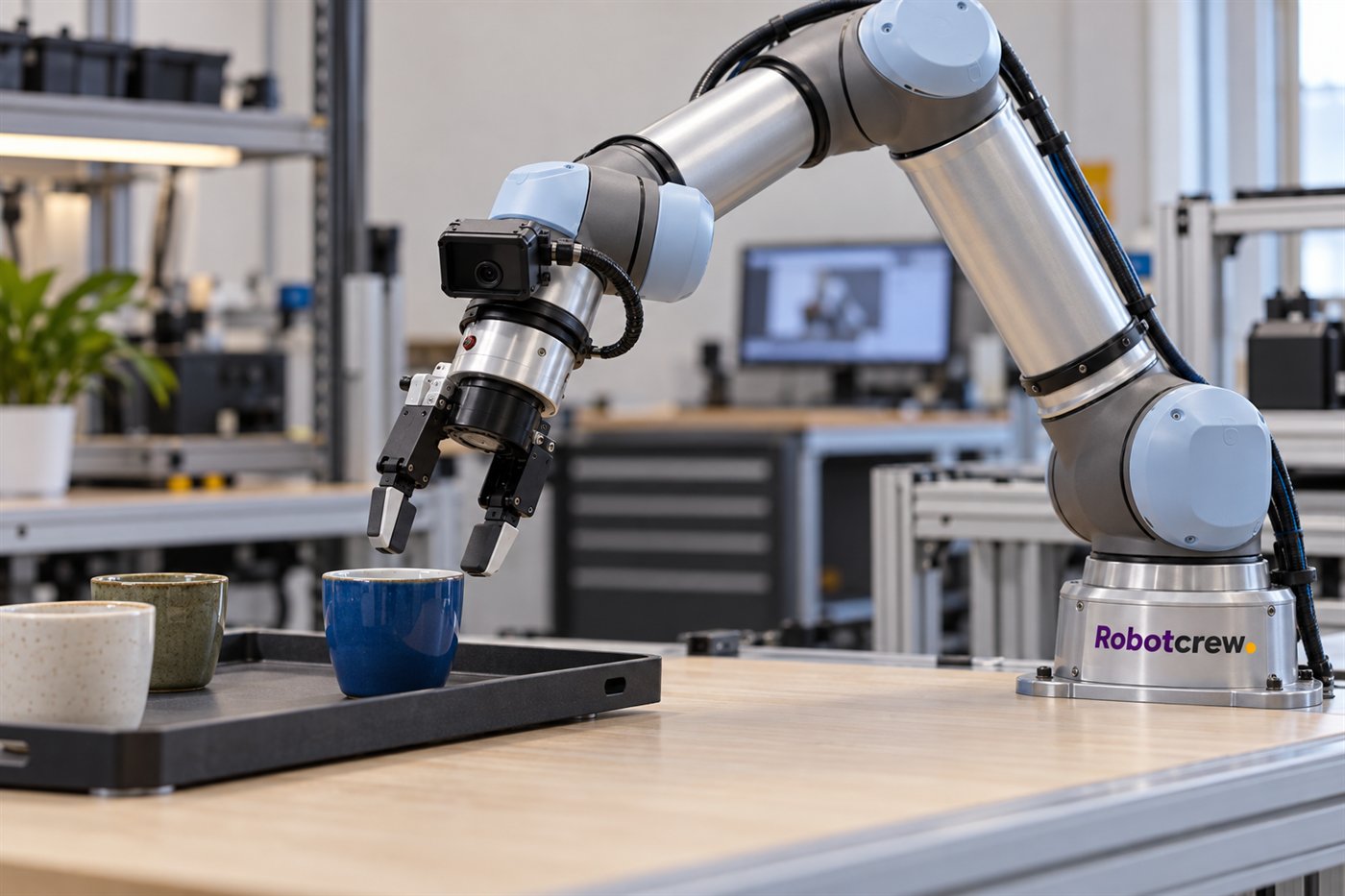 Brazo robótico con cámara en la muñeca a punto de alcanzar una taza azul sobre una bandeja; la base lleva una placa Robotcrew.