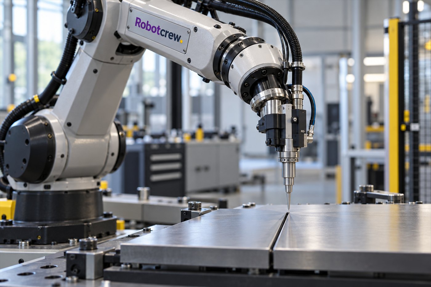 Brazo robótico industrial sitúa la punta de una herramienta de precisión sobre la junta entre dos paneles metálicos; la carcasa lleva una placa Robotcrew.
