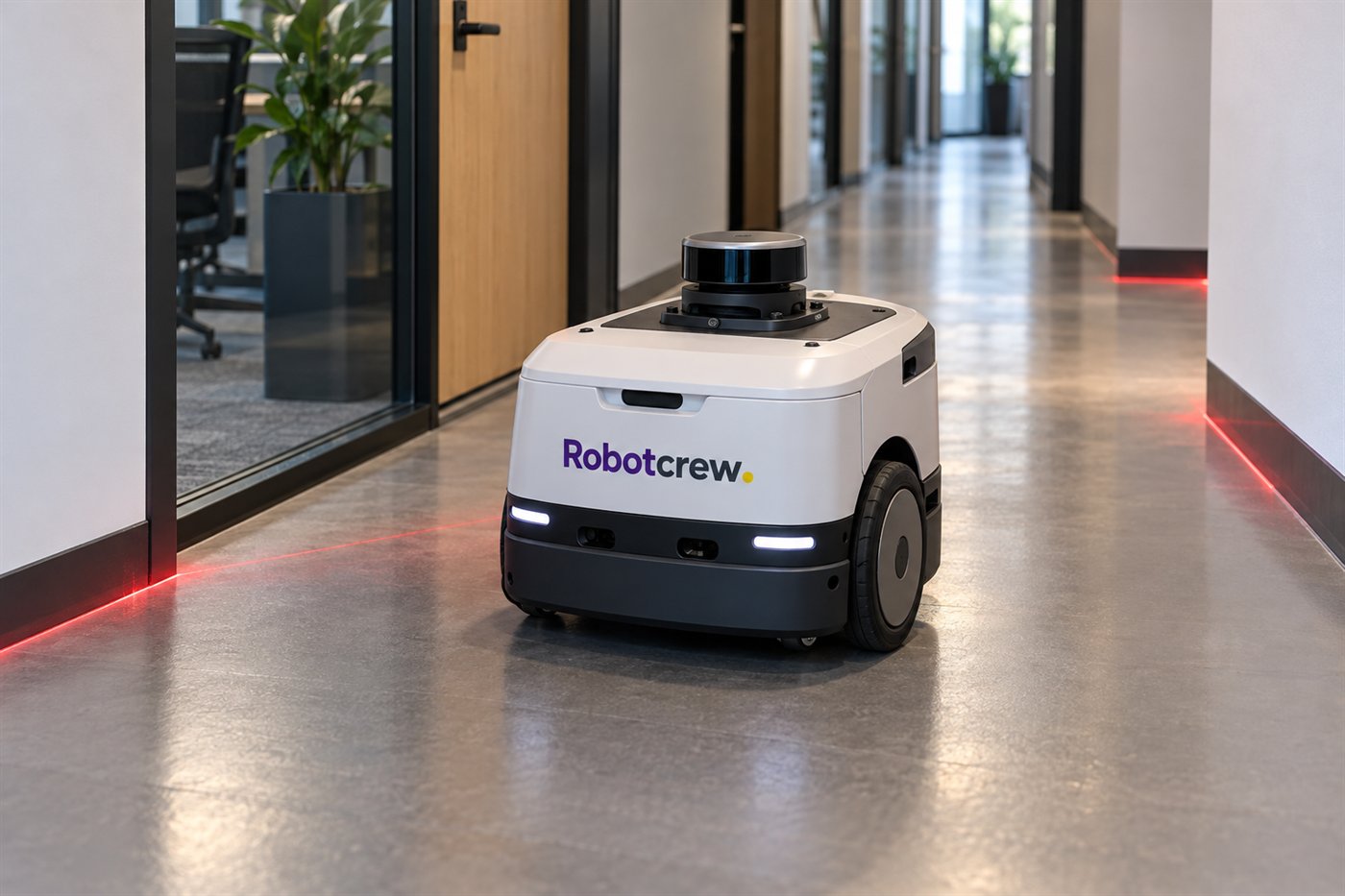 Robot móvil de servicio con un sensor lidar 2D sobre una plataforma circulando por un pasillo interior; la marca Robotcrew aparece impresa en el panel frontal.