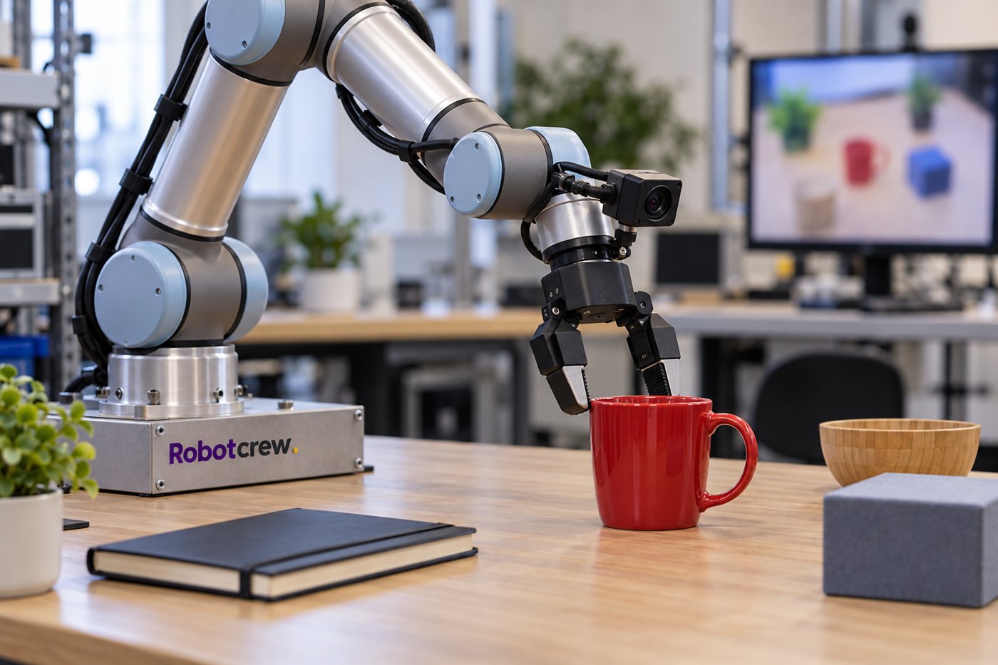 Brazo robótico con cámara en la muñeca que se acerca a una taza roja en una mesa de trabajo; la base lleva la marca Robotcrew impresa.