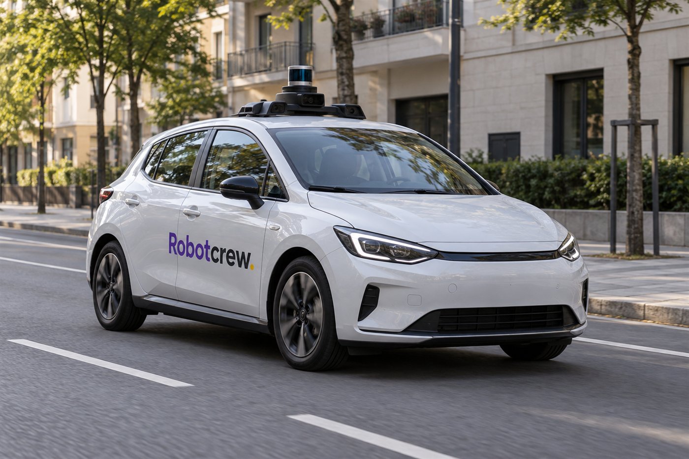 Coche de pruebas automatizado con sensores en el techo circulando por una calle urbana marcada y seca; la marca Robotcrew está pintada en la puerta lateral.