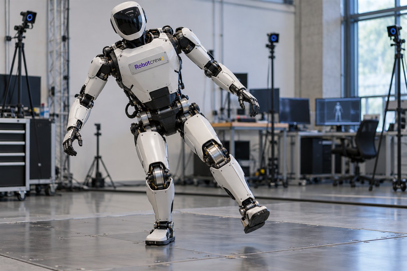 Humanoide de laboratorio inclinado durante un paso de recuperación, con un pie apoyado y el otro elevado; placa Robotcrew en el torso.