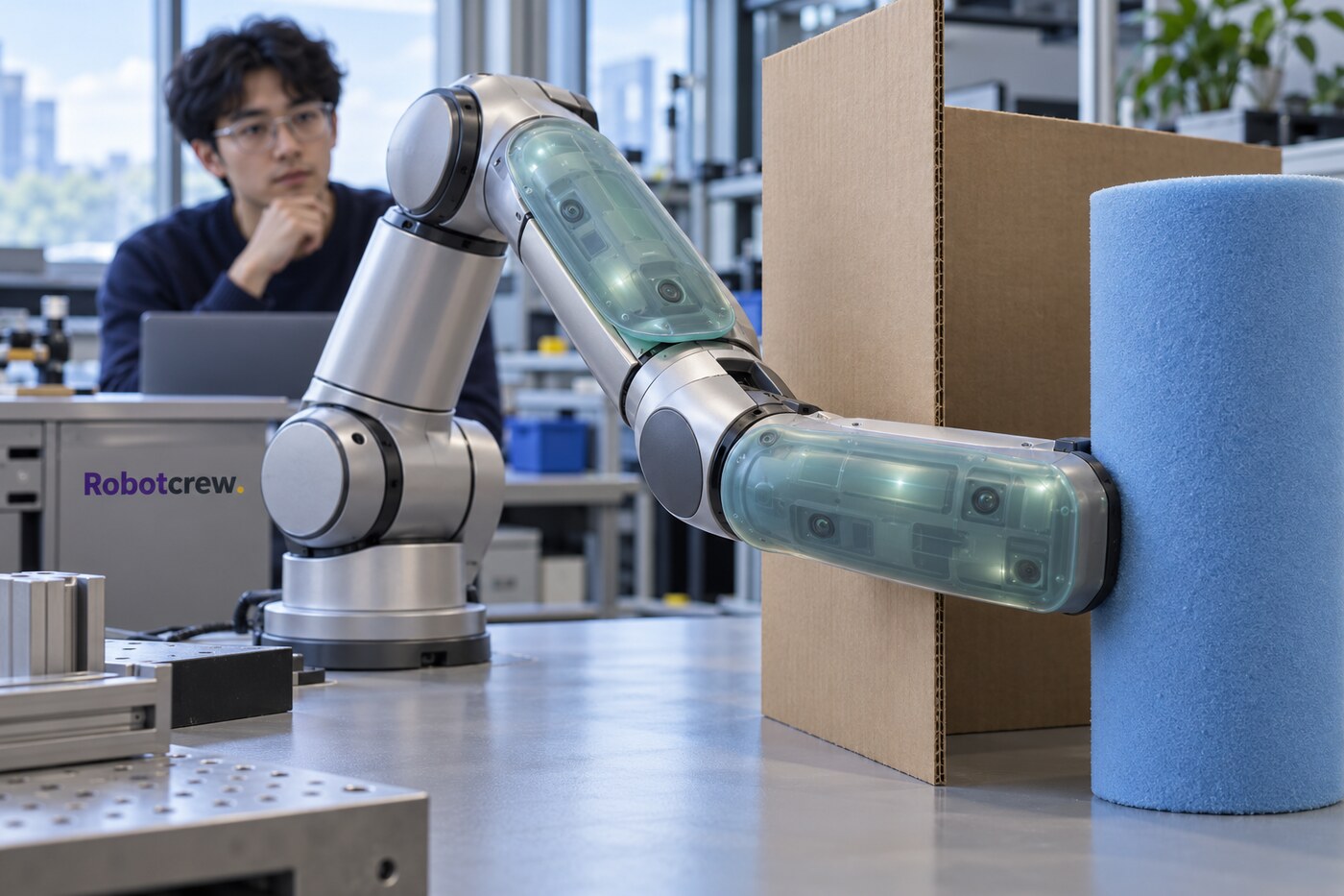 Brazo robótico de laboratorio con paneles translúcidos de sensores táctiles presionando un cilindro de espuma azul junto a una barrera; la marca Robotcrew está integrada en un armario del laboratorio.